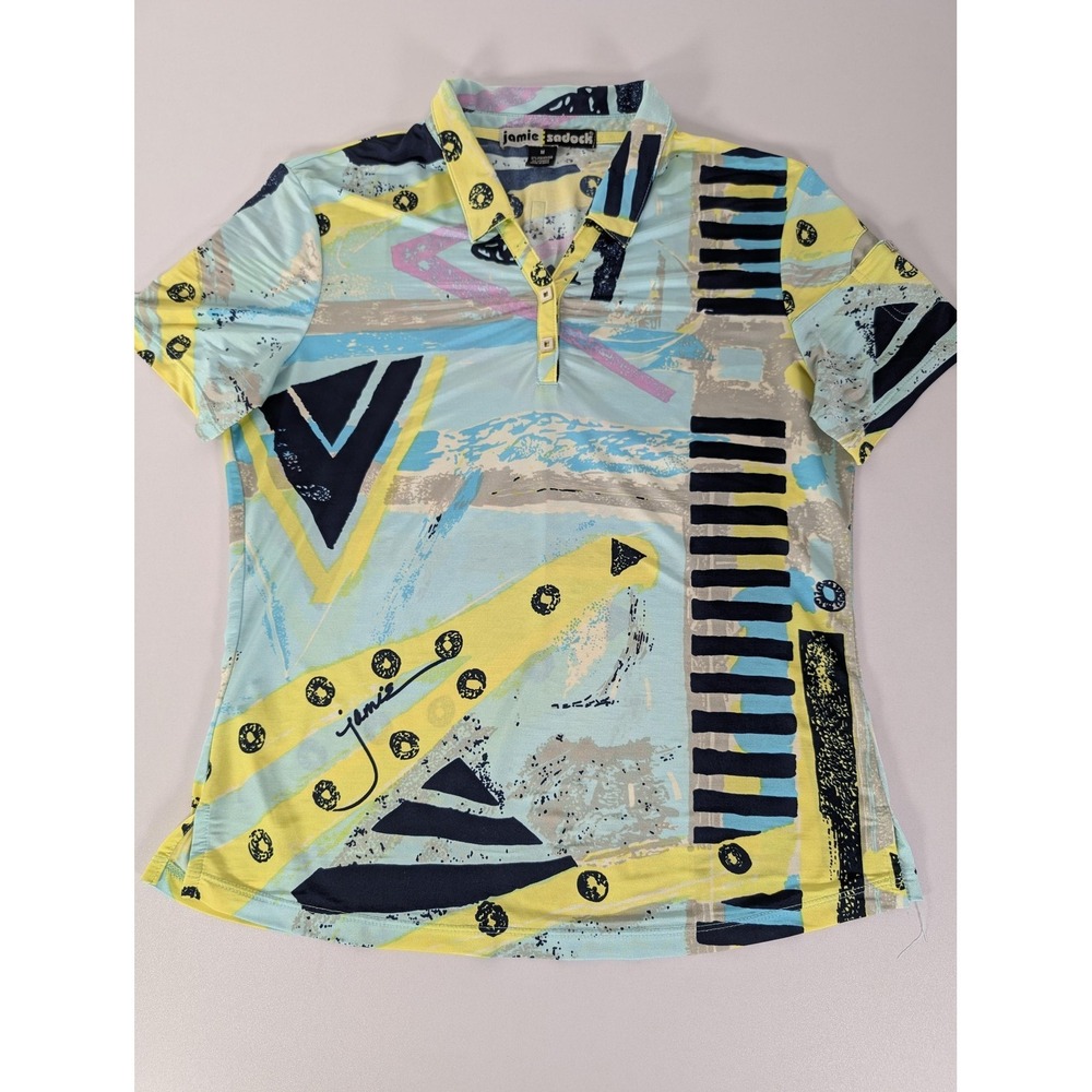 Jamie Sadock Polo Shirt Womens Medium Blue Yellow Abstract Golf Short Sleeve Top - Picture 8 of 11